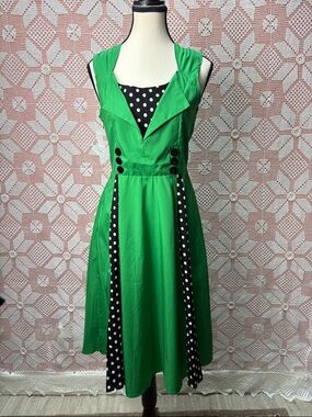 Green & Polka Dot Fit & Flare Dress Sz Sm